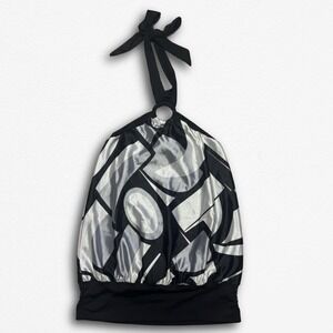 Silver Black Geometric Abstract Halter Neck Blouson Top Ring Detail Blouse